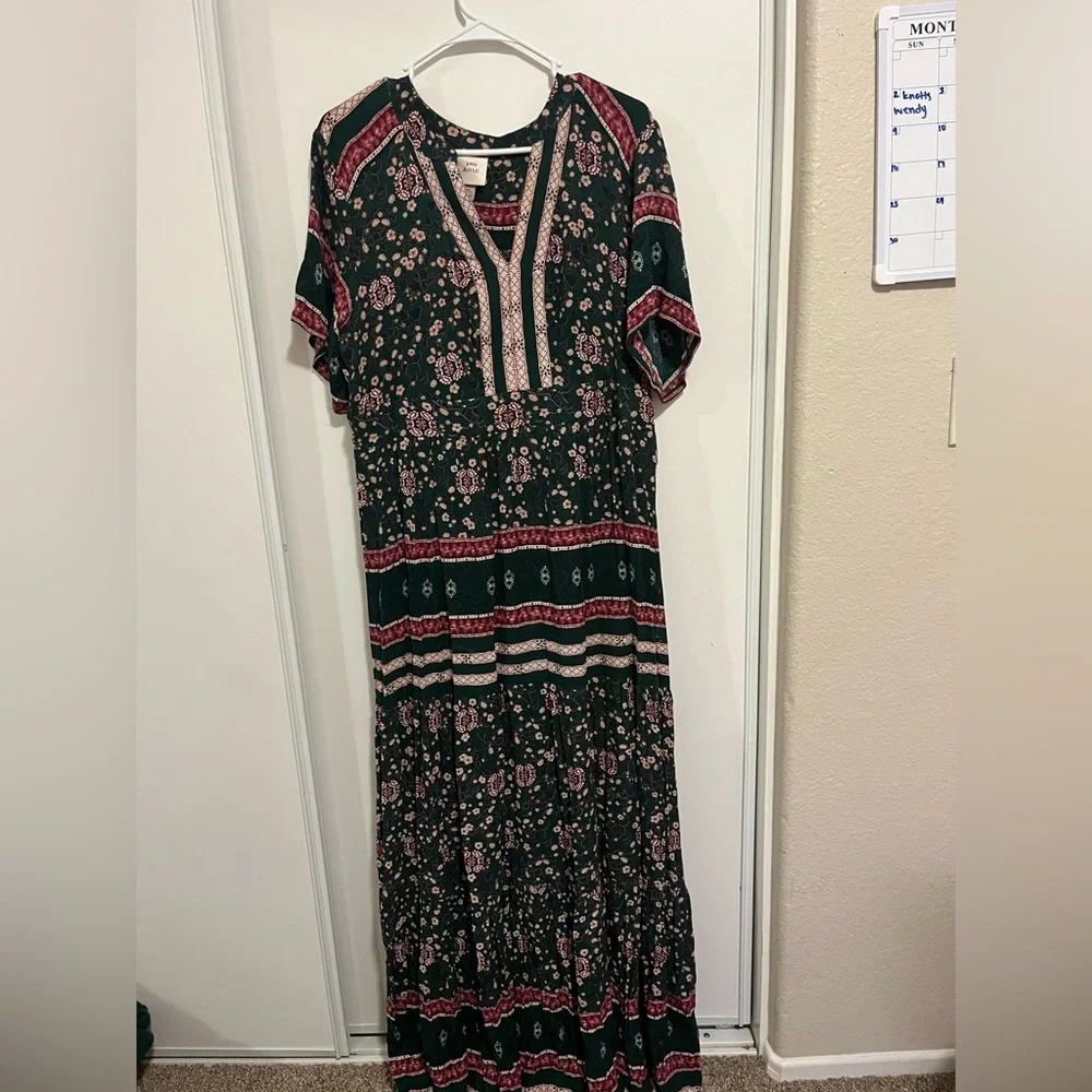 Knox Rose Dress Womens Medium Green Floral Maxi Short Sleeve V-Neck Smocked Boho - Picture 2 of 7